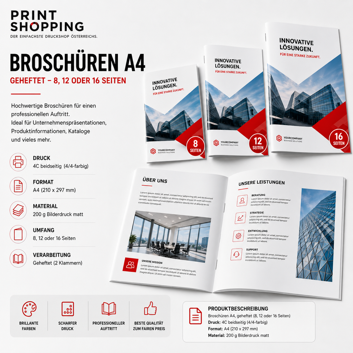 Broschüren drucken lassen – A4, 8/12/16 Seiten